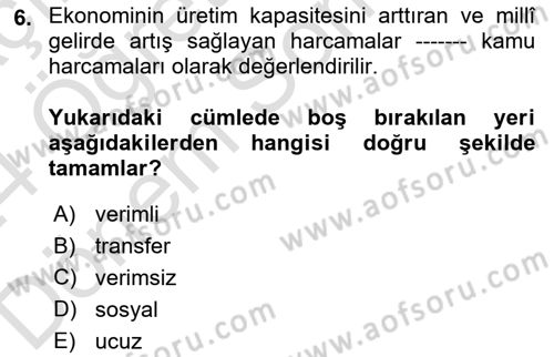 Maliye Politikası Dersi 2023 - 2024 Yılı (Final) Dönem Sonu Sınavı 6. Soru