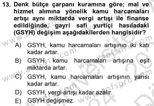 Maliye Politikası Dersi 2024 - 2025 Yılı (Vize) Ara Sınav Soruları 13. Soru