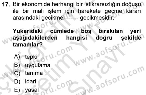 Maliye Politikası Dersi 2024 - 2025 Yılı (Vize) Ara Sınav Soruları 17. Soru