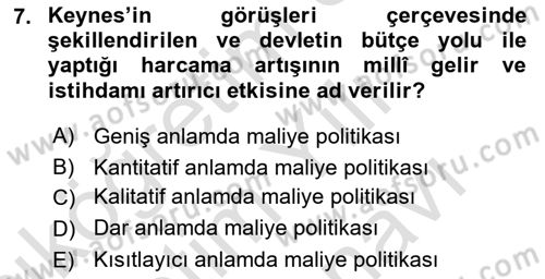 Maliye Politikası Dersi 2024 - 2025 Yılı (Vize) Ara Sınav Soruları 7. Soru
