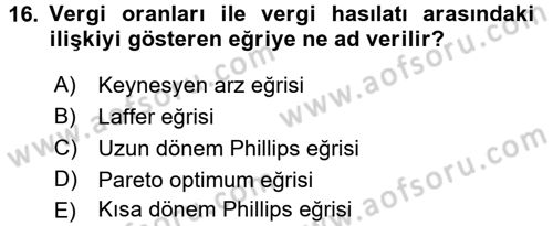 Maliye Politikası 1 Dersi 2016 - 2017 Yılı 3 Ders Sınav Soruları 16. Soru