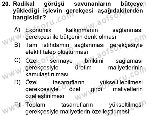 Maliye Politikası 1 Dersi 2016 - 2017 Yılı 3 Ders Sınav Soruları 20. Soru