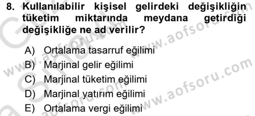 Maliye Politikası 1 Dersi 2016 - 2017 Yılı (Vize) Ara Sınav Soruları 8. Soru
