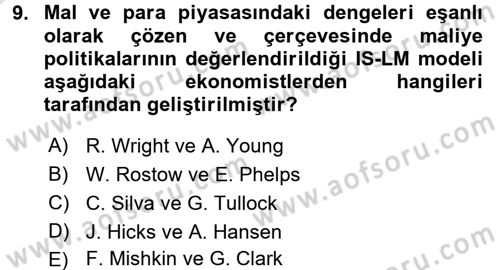 Maliye Politikası 1 Dersi 2016 - 2017 Yılı (Vize) Ara Sınav Soruları 9. Soru