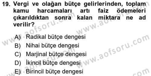 Maliye Politikası 1 Dersi 2016 - 2017 Yılı (Final) Dönem Sonu Sınav Soruları 19. Soru
