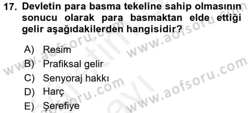 Maliye Politikası 1 Dersi 2017 - 2018 Yılı 3 Ders Sınav Soruları 17. Soru