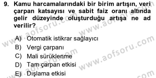 Maliye Politikası 1 Dersi 2017 - 2018 Yılı 3 Ders Sınav Soruları 9. Soru