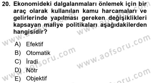 Maliye Politikası 1 Dersi Ara Sınavı Deneme Sınav Soruları 20. Soru