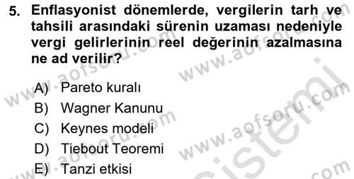 Maliye Politikası 1 Dersi 2018 - 2019 Yılı 3 Ders Sınav Soruları 5. Soru