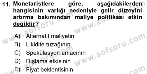 Maliye Politikası 1 Dersi 2018 - 2019 Yılı (Vize) Ara Sınav Soruları 11. Soru