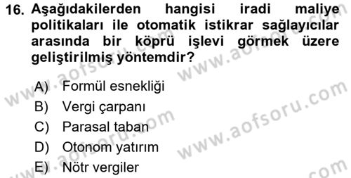Maliye Politikası 1 Dersi Ara Sınavı Deneme Sınav Soruları 16. Soru