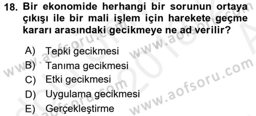 Maliye Politikası 1 Dersi 2018 - 2019 Yılı (Vize) Ara Sınav Soruları 18. Soru