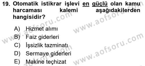 Maliye Politikası 1 Dersi 2018 - 2019 Yılı (Vize) Ara Sınav Soruları 19. Soru