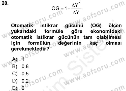 Maliye Politikası 1 Dersi Ara Sınavı Deneme Sınav Soruları 20. Soru