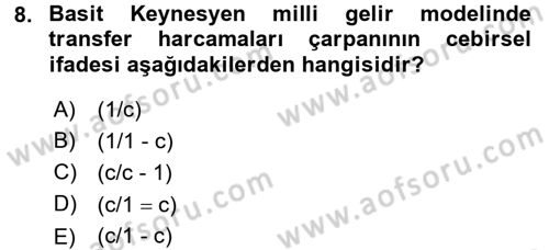 Maliye Politikası 1 Dersi Ara Sınavı Deneme Sınav Soruları 8. Soru