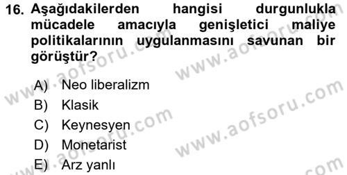 Maliye Politikası 1 Dersi 2018 - 2019 Yılı Yaz Okulu Sınav Soruları 16. Soru