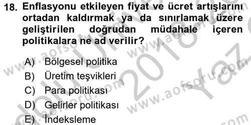 Maliye Politikası 1 Dersi 2018 - 2019 Yılı Yaz Okulu Sınav Soruları 18. Soru
