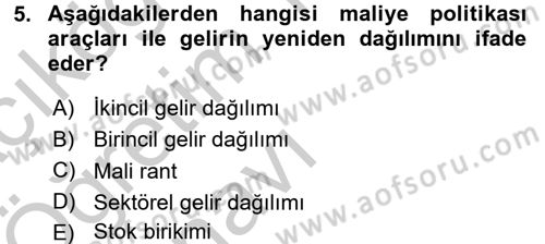 Maliye Politikası 2 Dersi 2016 - 2017 Yılı 3 Ders Sınav Soruları 5. Soru
