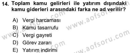 Maliye Politikası 2 Dersi 2016 - 2017 Yılı (Vize) Ara Sınav Soruları 14. Soru