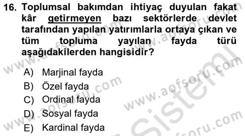 Maliye Politikası 2 Dersi 2018 - 2019 Yılı 3 Ders Sınav Soruları 16. Soru