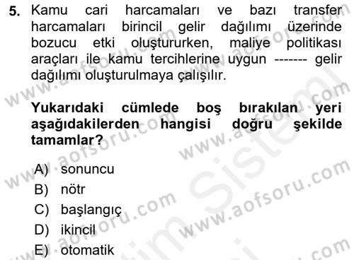 Maliye Politikası 2 Dersi 2018 - 2019 Yılı (Final) Dönem Sonu Sınav Soruları 5. Soru
