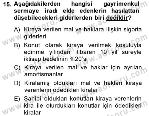Vergi Uygulamaları Dersi 2014 - 2015 Yılı (Vize) Ara Sınav Soruları 15. Soru