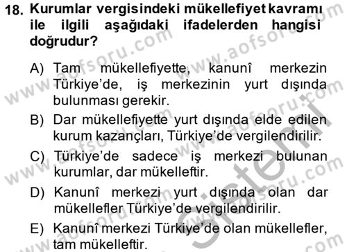 Vergi Uygulamaları Dersi 2014 - 2015 Yılı (Vize) Ara Sınav Soruları 18. Soru