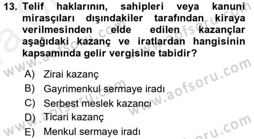 Vergi Uygulamaları Dersi 2015 - 2016 Yılı (Vize) Ara Sınav Soruları 13. Soru
