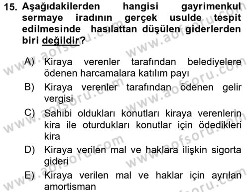 Vergi Uygulamaları Dersi 2015 - 2016 Yılı (Vize) Ara Sınav Soruları 15. Soru