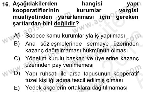 Vergi Uygulamaları Dersi 2015 - 2016 Yılı (Vize) Ara Sınav Soruları 16. Soru