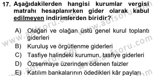 Vergi Uygulamaları Dersi 2015 - 2016 Yılı (Vize) Ara Sınav Soruları 17. Soru