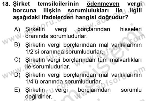 Vergi Uygulamaları Dersi 2015 - 2016 Yılı (Final) Dönem Sonu Sınav Soruları 18. Soru
