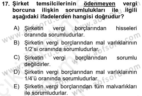 Vergi Uygulamaları Dersi 2015 - 2016 Yılı Tek Ders Sınav Soruları 17. Soru