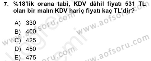 Vergi Uygulamaları Dersi 2015 - 2016 Yılı Tek Ders Sınav Soruları 7. Soru