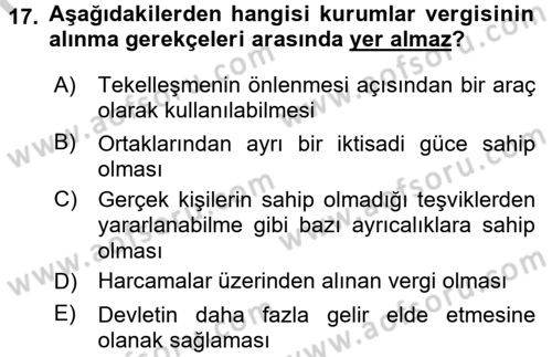 Vergi Uygulamaları Dersi 2016 - 2017 Yılı (Vize) Ara Sınav Soruları 17. Soru