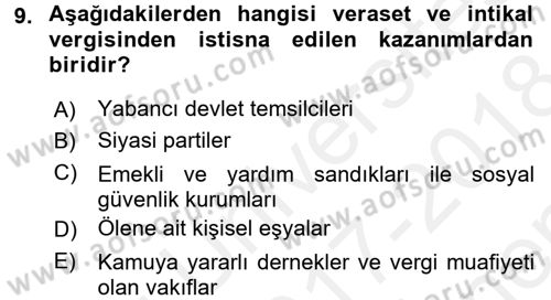 Vergi Uygulamaları Dersi 2017 - 2018 Yılı (Final) Dönem Sonu Sınav Soruları 9. Soru