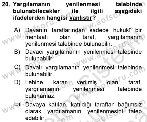 Vergi Yargılaması Hukuku Dersi 2025 - 2026 Yılı (Final) Dönem Sonu Sınav Soruları 20. Soru
