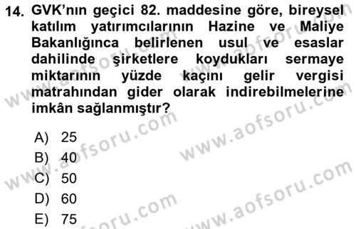 Vergi Planlaması Dersi 2023 - 2024 Yılı (Vize) Ara Sınav Soruları 14. Soru