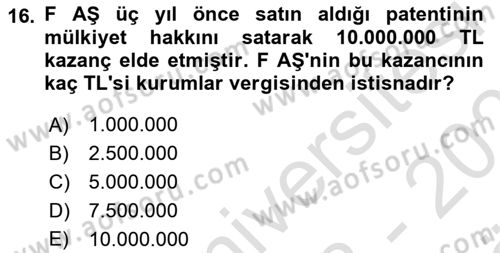 Vergi Planlaması Dersi 2023 - 2024 Yılı (Vize) Ara Sınav Soruları 16. Soru