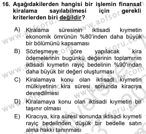 Vergi Planlaması Dersi 2023 - 2024 Yılı (Final) Dönem Sonu Sınav Soruları 16. Soru