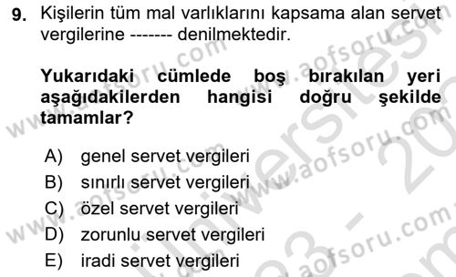 Vergi Planlaması Dersi 2023 - 2024 Yılı (Final) Dönem Sonu Sınav Soruları 9. Soru