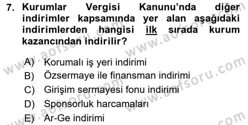 Vergi Planlaması Dersi 2023 - 2024 Yılı Yaz Okulu Sınav Soruları 7. Soru