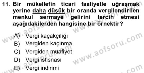Vergi Planlaması Dersi 2024 - 2025 Yılı (Vize) Ara Sınav Soruları 11. Soru