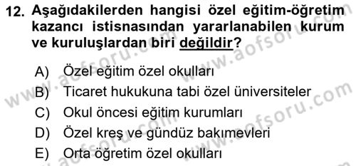 Vergi Planlaması Dersi 2024 - 2025 Yılı (Vize) Ara Sınav Soruları 12. Soru