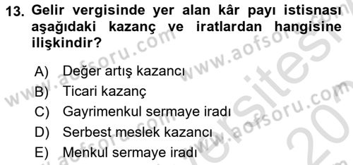 Vergi Planlaması Dersi 2024 - 2025 Yılı (Vize) Ara Sınav Soruları 13. Soru