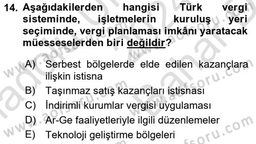 Vergi Planlaması Dersi 2024 - 2025 Yılı (Vize) Ara Sınav Soruları 14. Soru