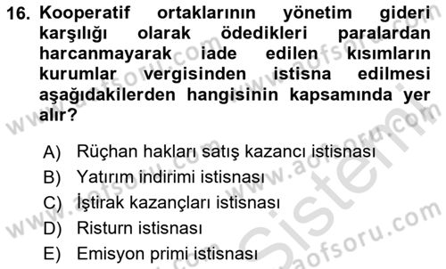 Vergi Planlaması Dersi 2024 - 2025 Yılı (Vize) Ara Sınav Soruları 16. Soru