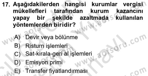 Vergi Planlaması Dersi 2024 - 2025 Yılı (Vize) Ara Sınav Soruları 17. Soru
