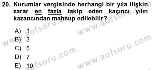 Vergi Planlaması Dersi 2024 - 2025 Yılı (Vize) Ara Sınav Soruları 20. Soru