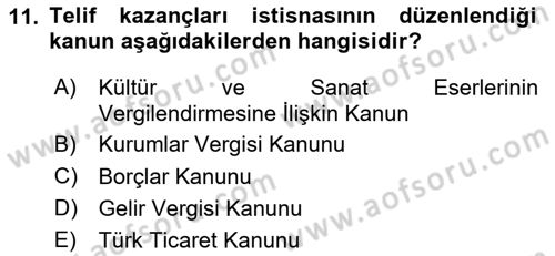 Vergi Planlaması Dersi 2025 - 2026 Yılı (Vize) Ara Sınav Soruları 11. Soru